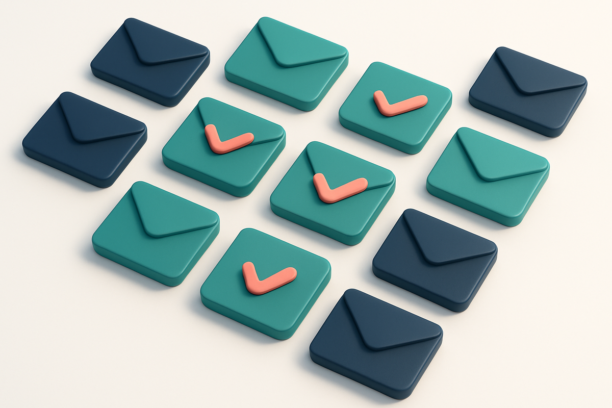a grid of envelope icons with checkmarks on half of them