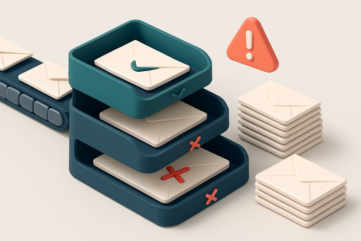 An isometric email inbox with a conveyor belt feeding envelopes into two stacked trays—one labeled 'Valid' with green ch