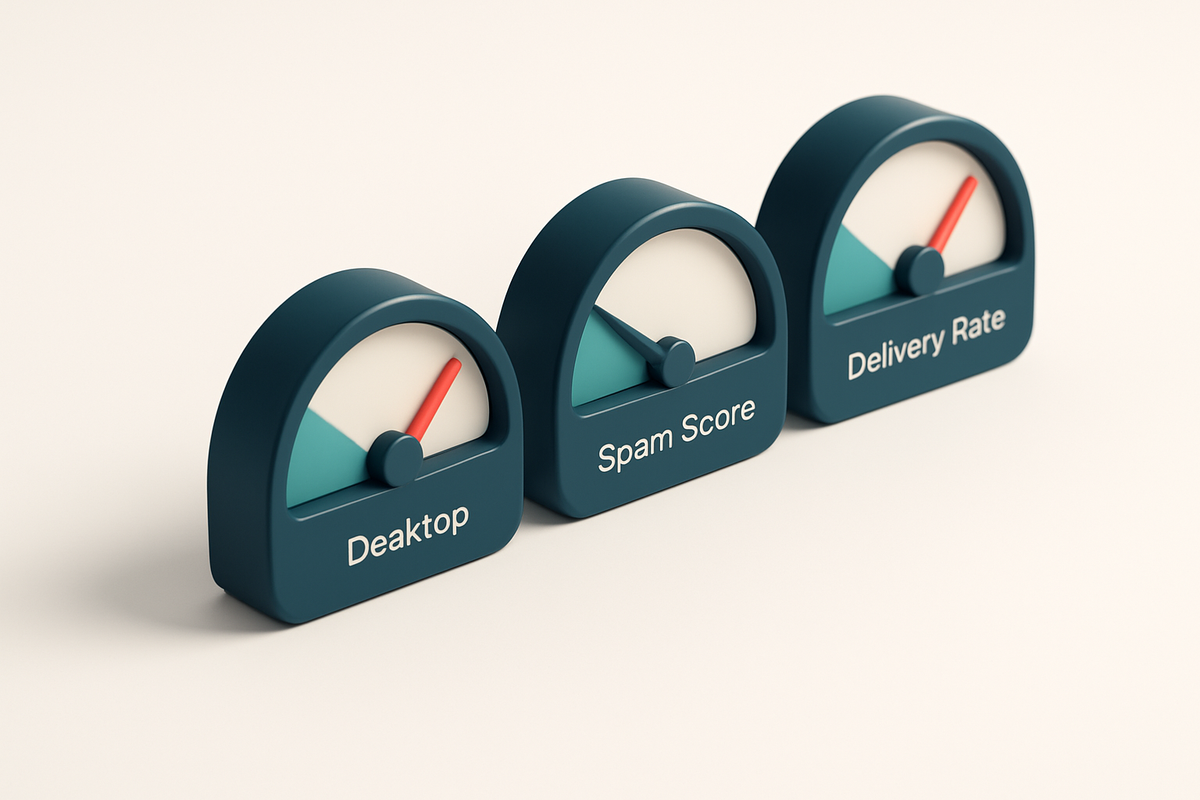a row of four gauges labeled 'Mobile', 'Desktop', 'Spam Score', 'Delivery Rate'