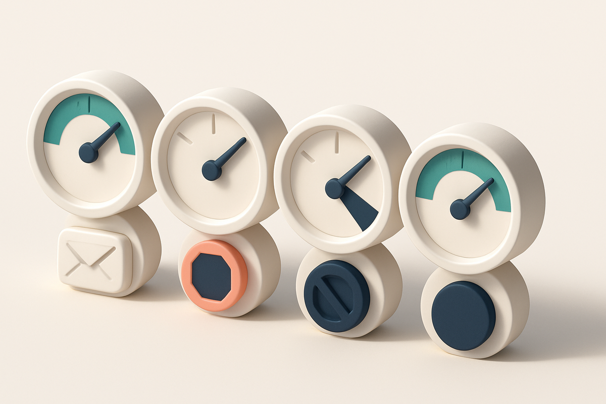 a row of four gauges showing inbox placement, spam, blocked, and delivered statuses