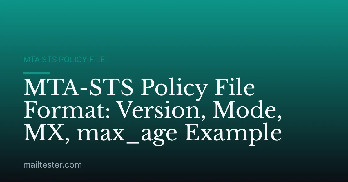 MTA-STS Policy File Format: Version, Mode, MX, max_age Example