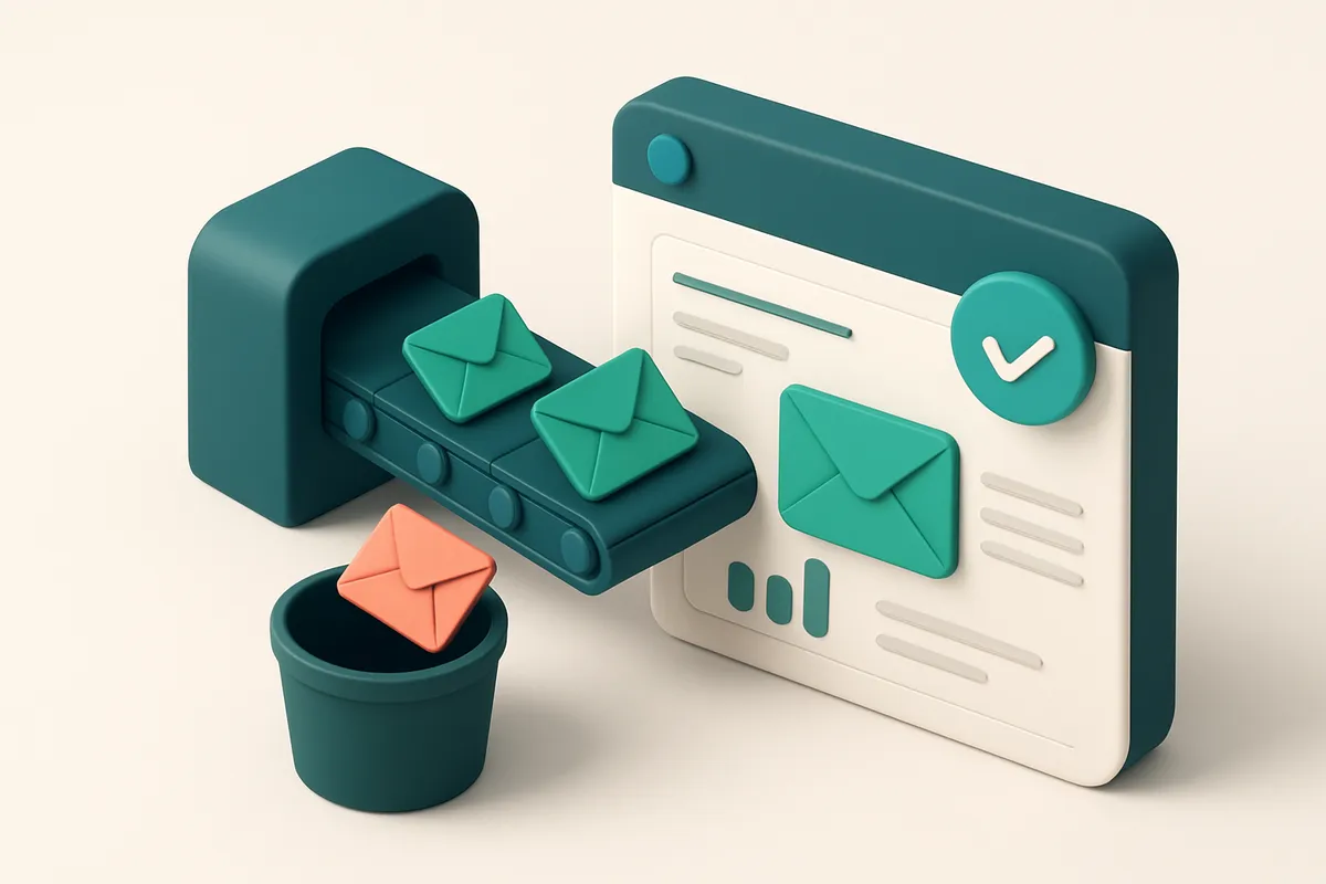 An isometric view of a Brevo dashboard connected to a MailTester verification engine via a data conveyor belt, with gree
