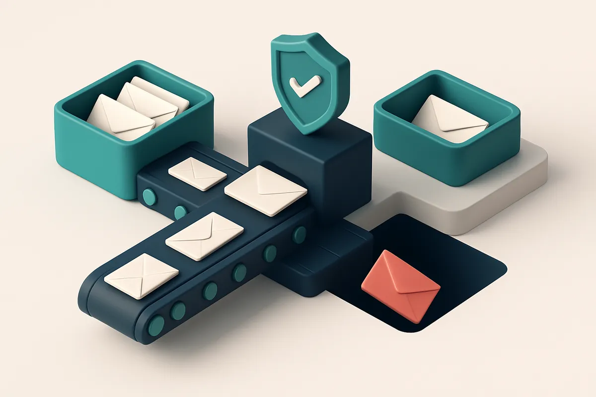 An isometric illustration of a conveyor belt carrying envelopes from a 'purchased list' bin to a 'verification station'