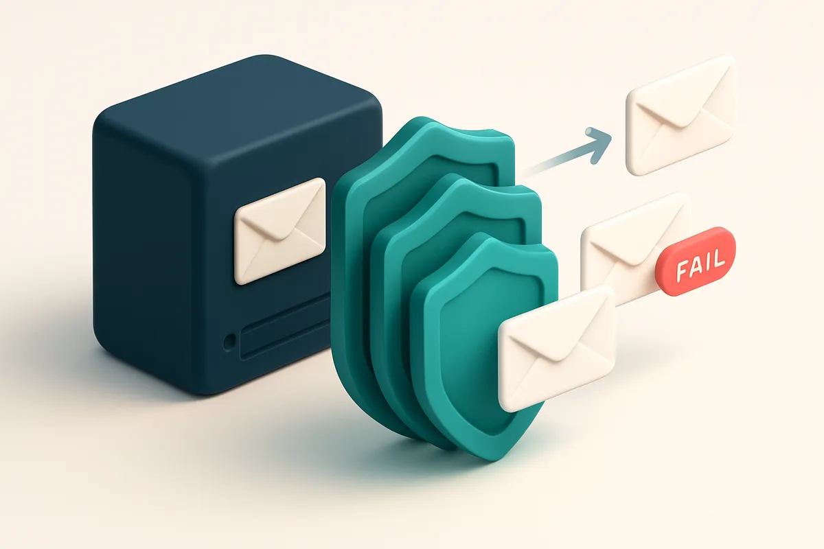An isometric view of a secure email server with multiple layered shields (representing SPF, DKIM, DMARC) stacked in fron