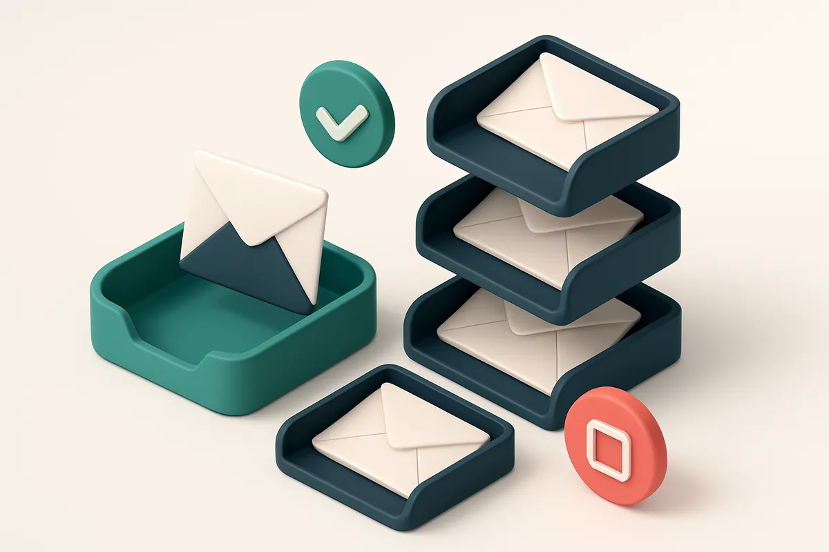 An isometric inbox with envelopes labeled 'valid', 'risky', 'catch-all', and 'invalid' being sorted onto separate trays,