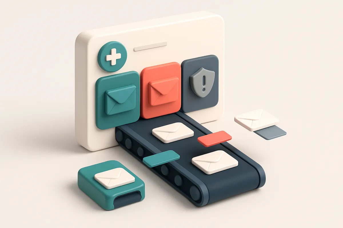 An isometric illustration of a medical clinic dashboard with three lanes: a green 'inbox' lane for valid emails, a red '