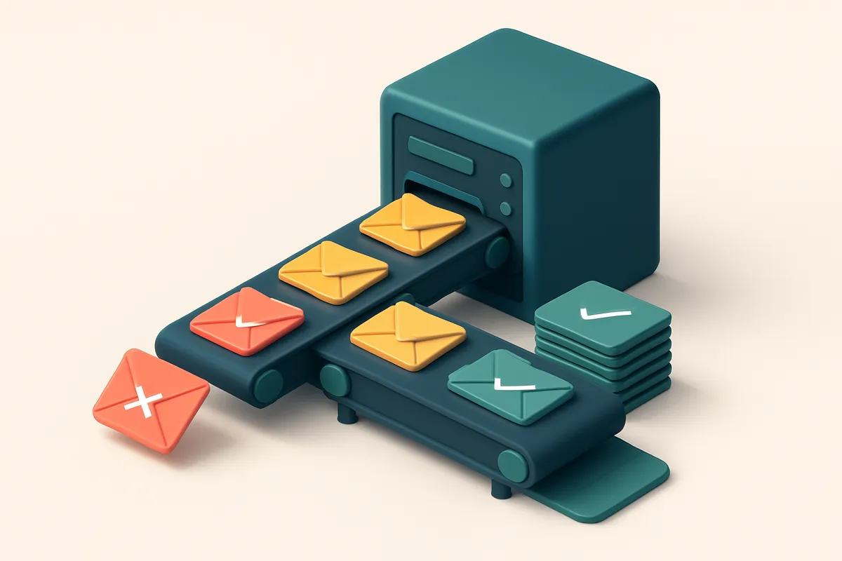 an isometric server rack with three parallel conveyor belts: one spitting out red 'invalid' email envelopes, one sorting
