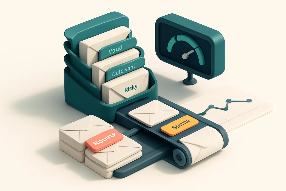 An isometric inbox stack with envelopes labeled 'Valid', 'Catch-All', 'Risky', and 'Invalid' flowing through a conveyor