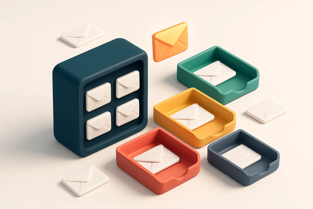 An isometric email inbox with envelopes being sorted onto a green 'valid' tray, a yellow 'risky' tray, a red 'invalid' t