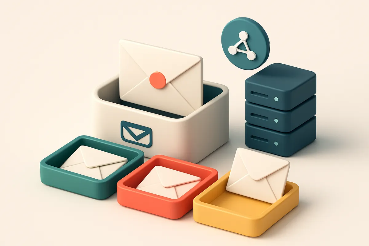 An isometric email inbox with envelopes being sorted onto a green 'valid' tray, a red 'invalid' tray, and a yellow 'risk