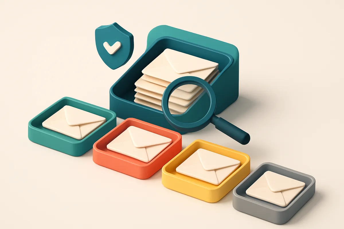 An isometric email inbox with envelopes being sorted onto a green 'valid' tray, a red 'invalid' tray, a yellow 'catch-al