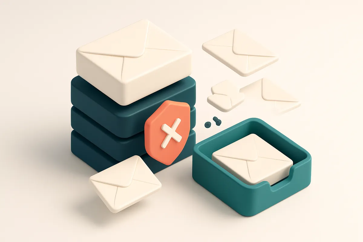 Hero: an isometric email server stack with duplicate envelopes labeled 'same user' being automatically filtered out by a