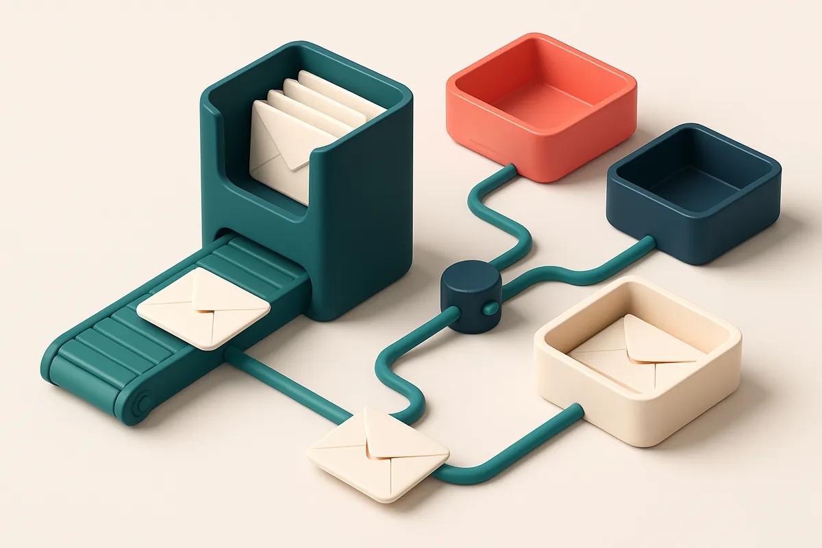 An isometric scene showing a green 'deliverable' conveyor belt feeding into a primary inbox stack, while red 'blocked' a