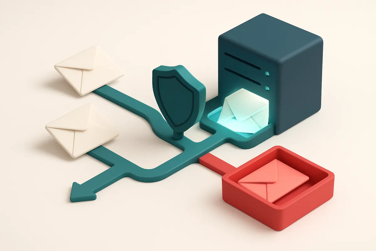 An isometric email server network with incoming envelopes labeled 'Legal Brief,' 'Client Request,' and 'Court Notice' mo