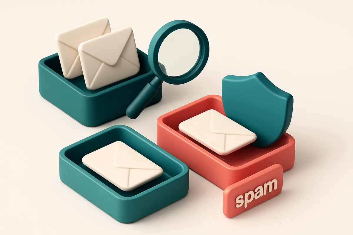 An isometric email inbox with envelopes being sorted onto a green 'valid' tray and a red 'invalid' tray, a magnifying gl