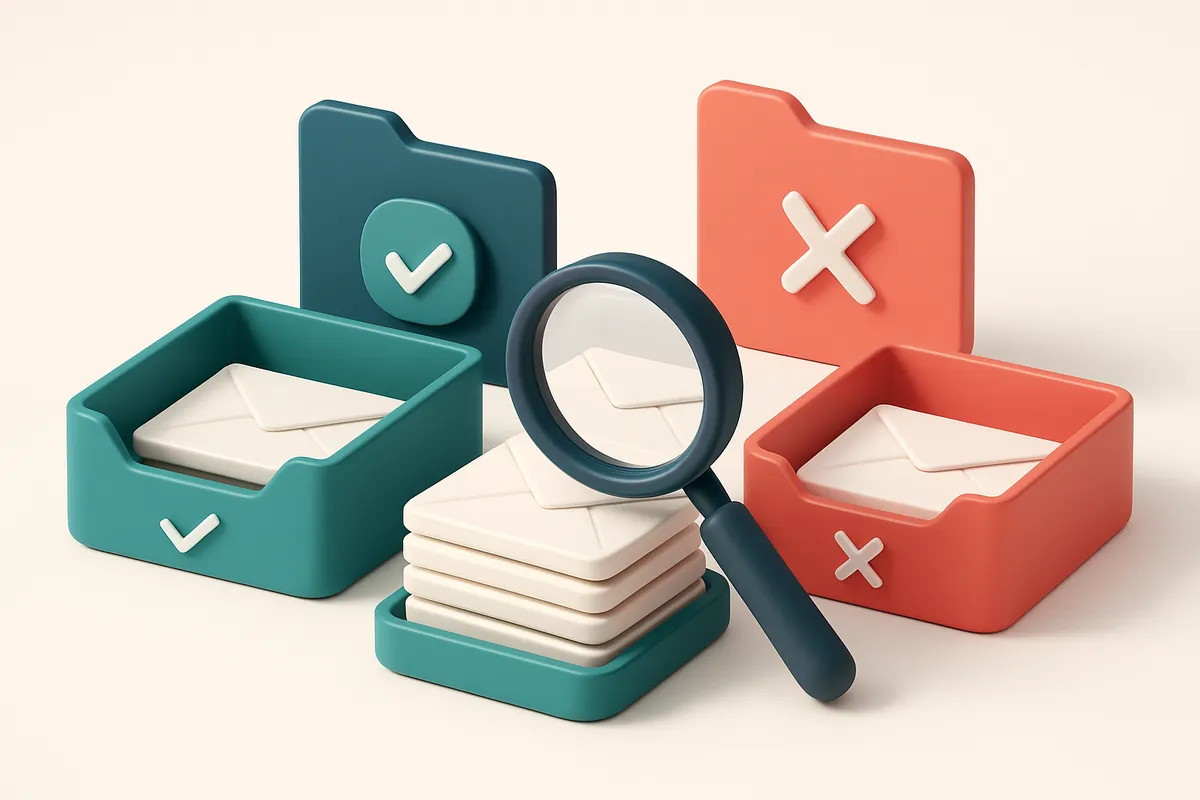 An isometric email inbox with envelopes being sorted onto a green 'valid' tray and a red 'invalid' tray, a magnifying gl