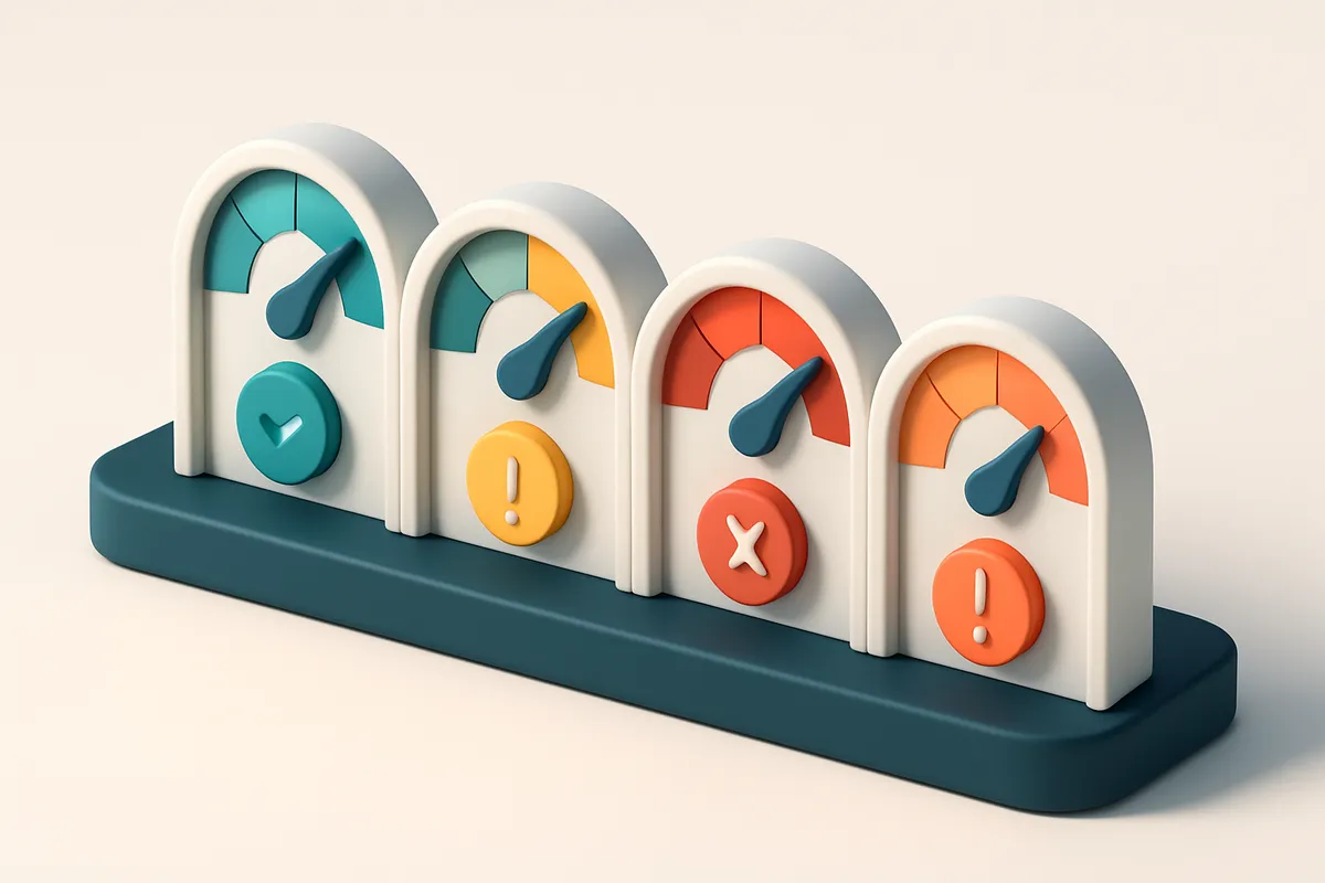 a row of four gauges, each showing a different validation status (green, yellow, red, orange)