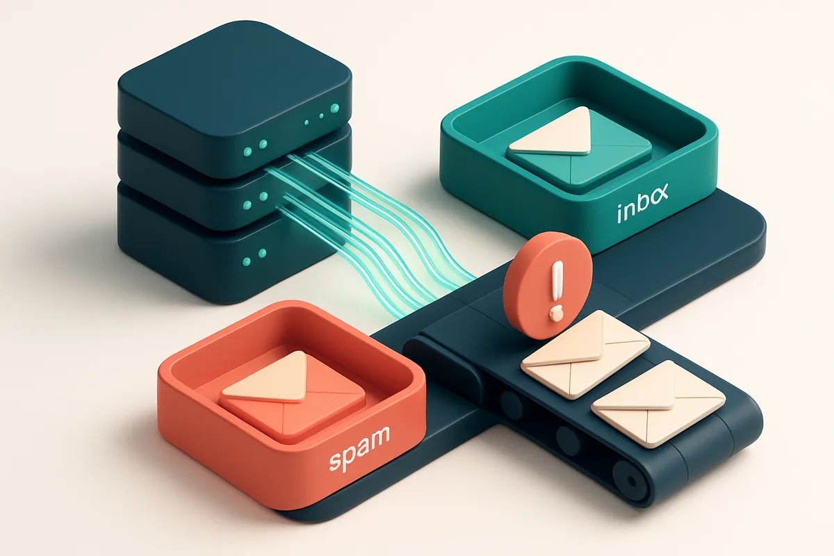 An isometric server cluster with glowing data streams flowing into a green 'inbox' tray and a red 'spam' tray, with a re