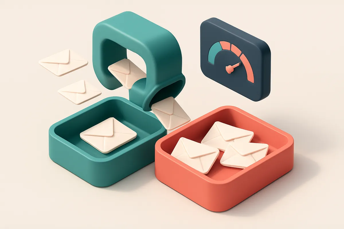 An isometric inbox with multiple envelopes being routed through a filter tunnel—some drop into a green 'inbox' tray, oth