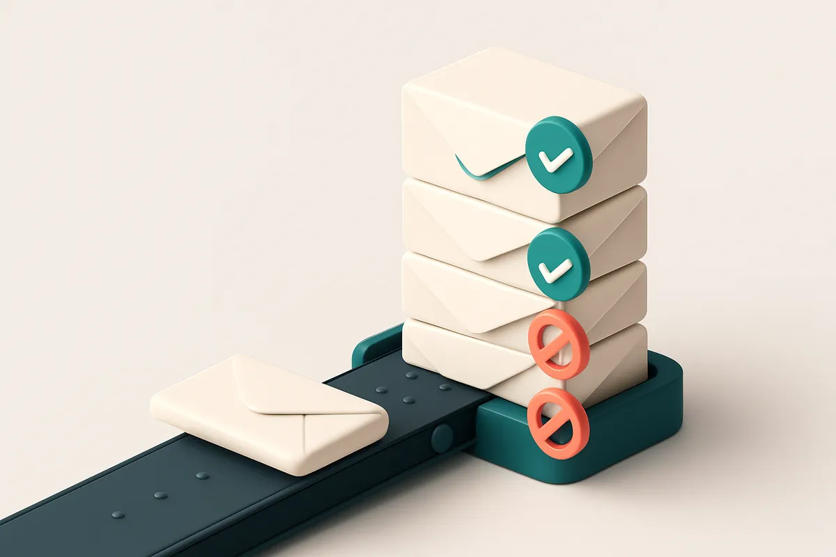 An isometric stack of envelopes labeled 'Gmail', 'Outlook', 'Yahoo', and 'Apple Mail', with green checkmarks on the inbo