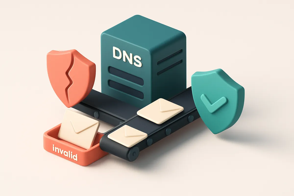 An isometric view of a DNS server rack with a red 'broken' shield labeled 'SPF' on one side, a green 'valid' shield labe