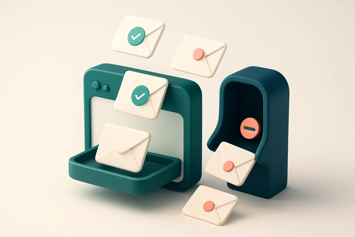 an isometric view of a modern email inbox with envelopes flying in from the top, each carrying a brand logo; those that