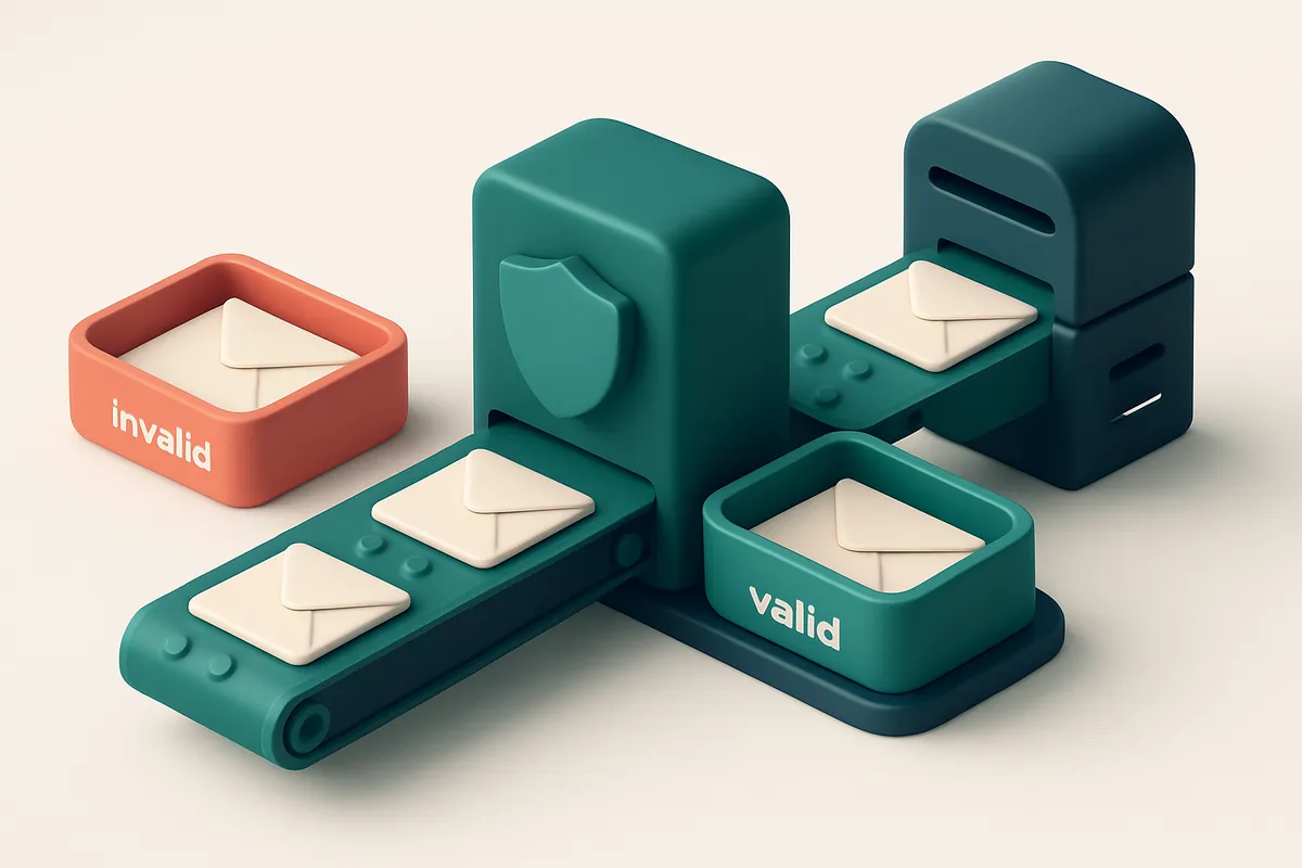 An isometric email sender with a conveyor belt of envelopes moving from a red 'invalid' tray to a green 'valid' tray, pa