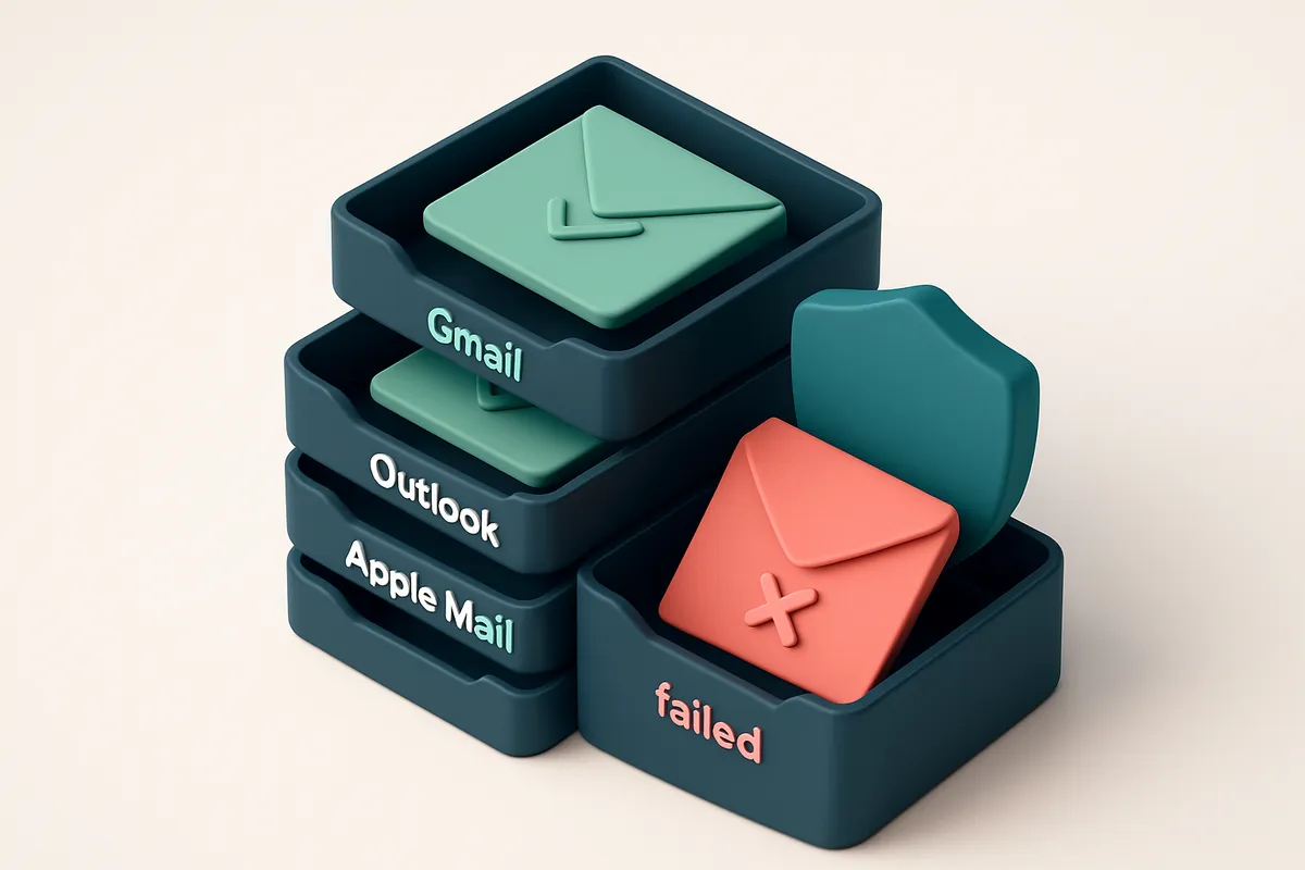 An isometric representation of a digital mailbox with five inbox trays labeled 'Gmail', 'Outlook', 'Yahoo', 'Apple Mail'