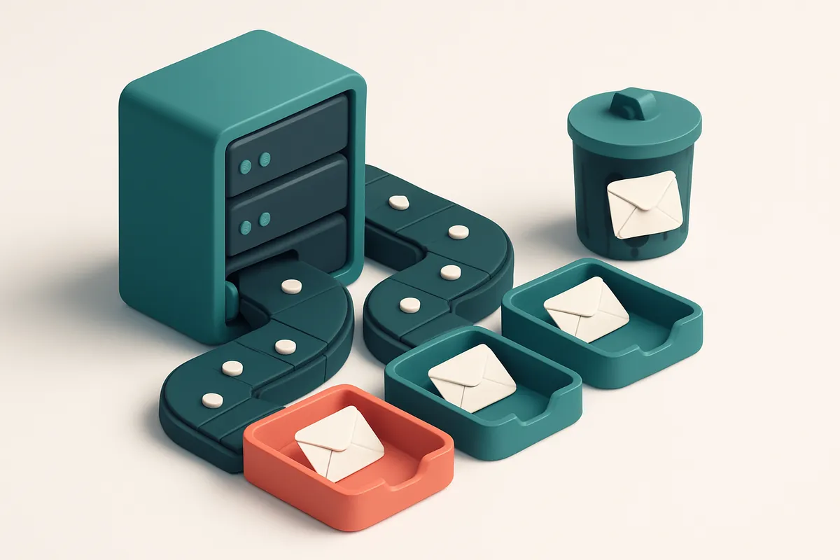 An isometric email server room with conveyor belts moving envelopes labeled 'valid', 'risky', 'invalid', and 'disposable