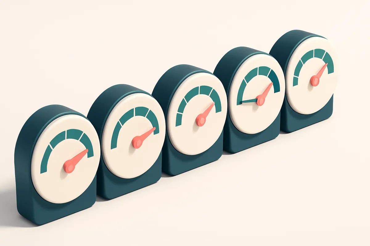 a row of five gauges, each labeled with a different deliverability metric (validity, authentication, bounce rate, inbox
