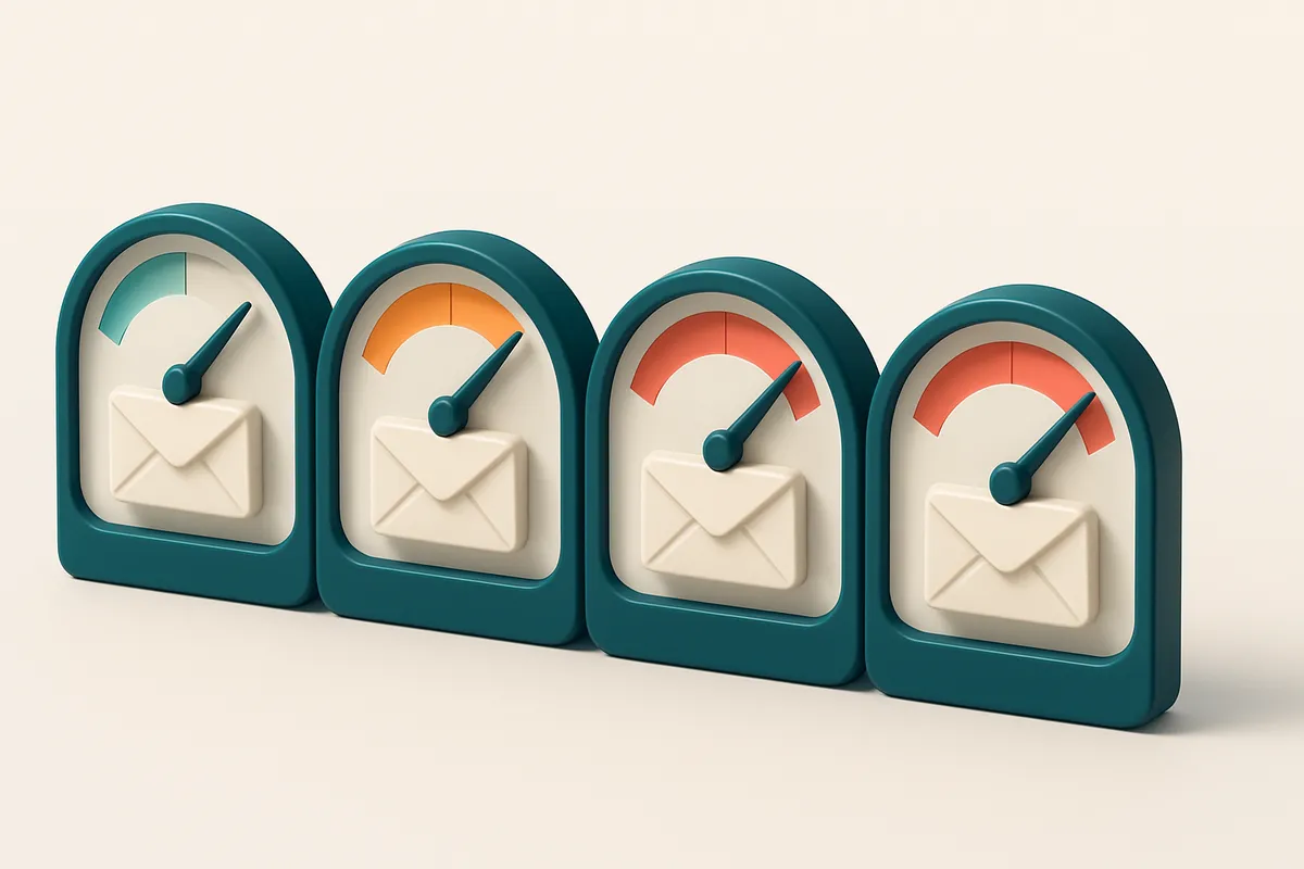 a row of four gauges showing inbox delivery status (green, yellow, red, red)