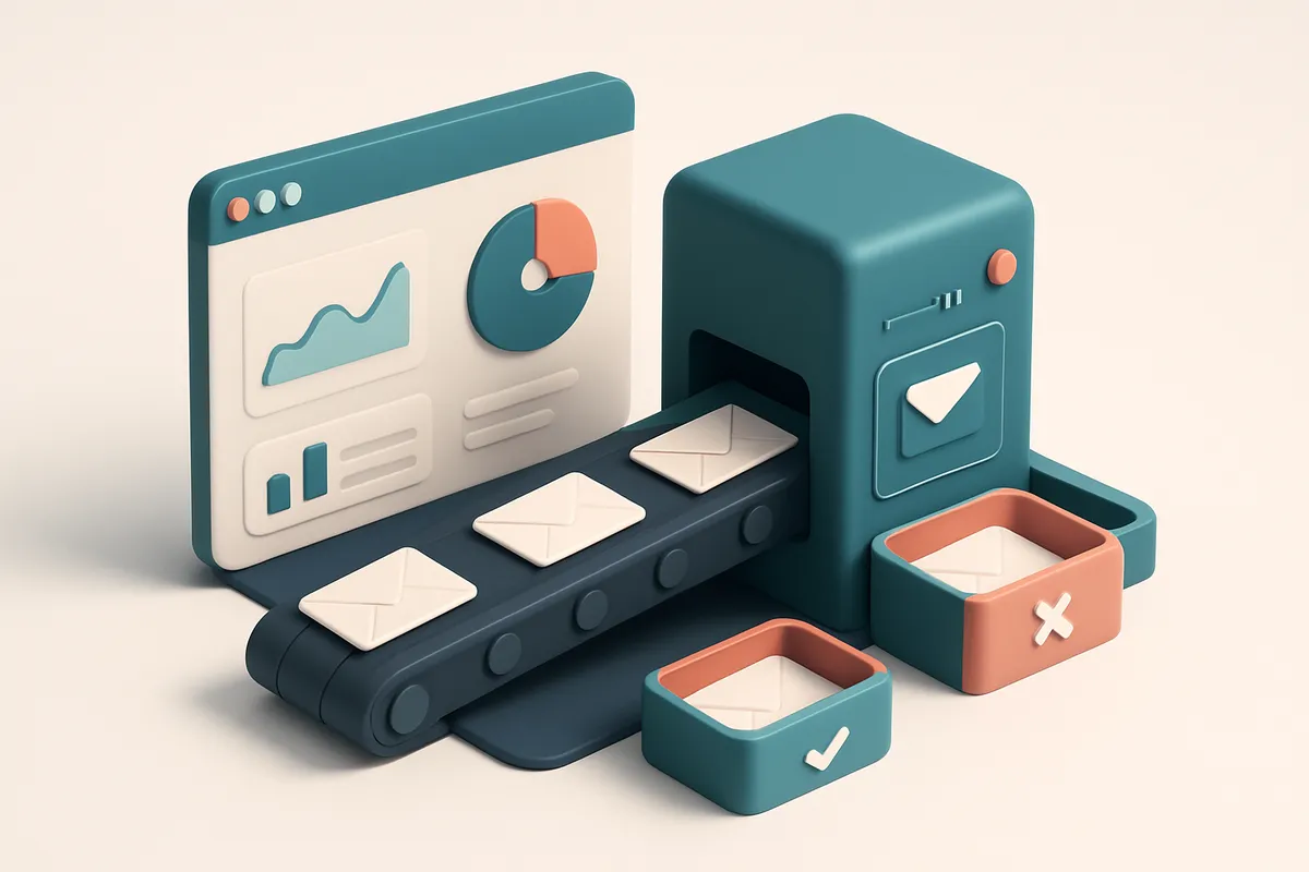 An isometric view of an Ontraport dashboard with a conveyor belt feeding email envelopes into a MailTester validator mac