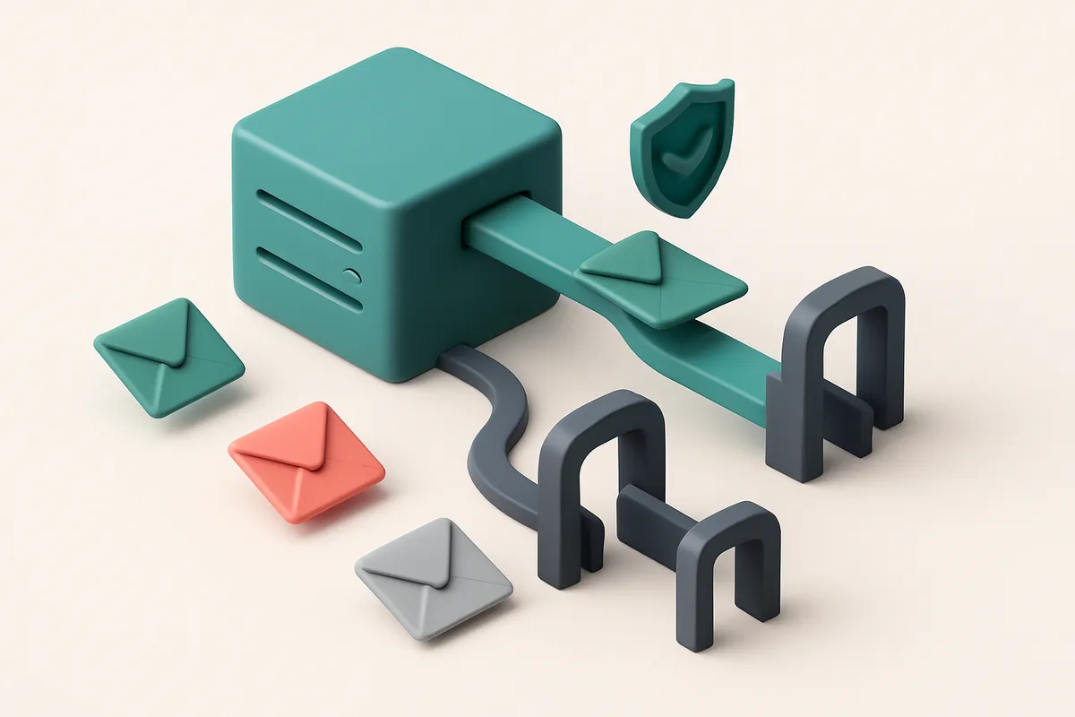 An isometric email server with multiple colored envelopes being routed through labeled gates: green for 'delivered to in