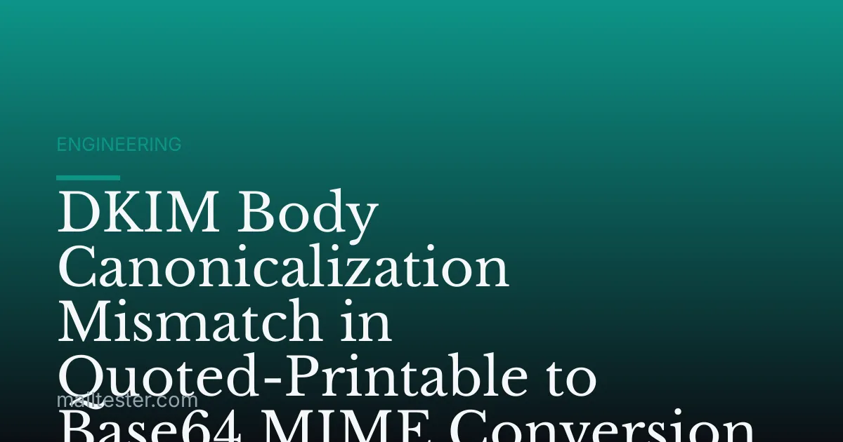 DKIM Body Canonicalization Mismatch in Quoted-Printable to Base64 MIME Conversion
