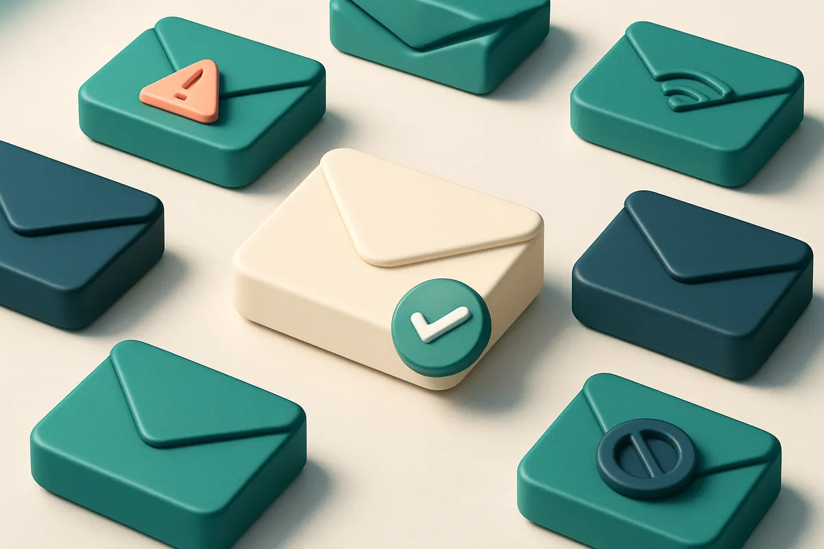 a grid of envelope icons, each with a different status indicator (checkmark, warning, no signal)