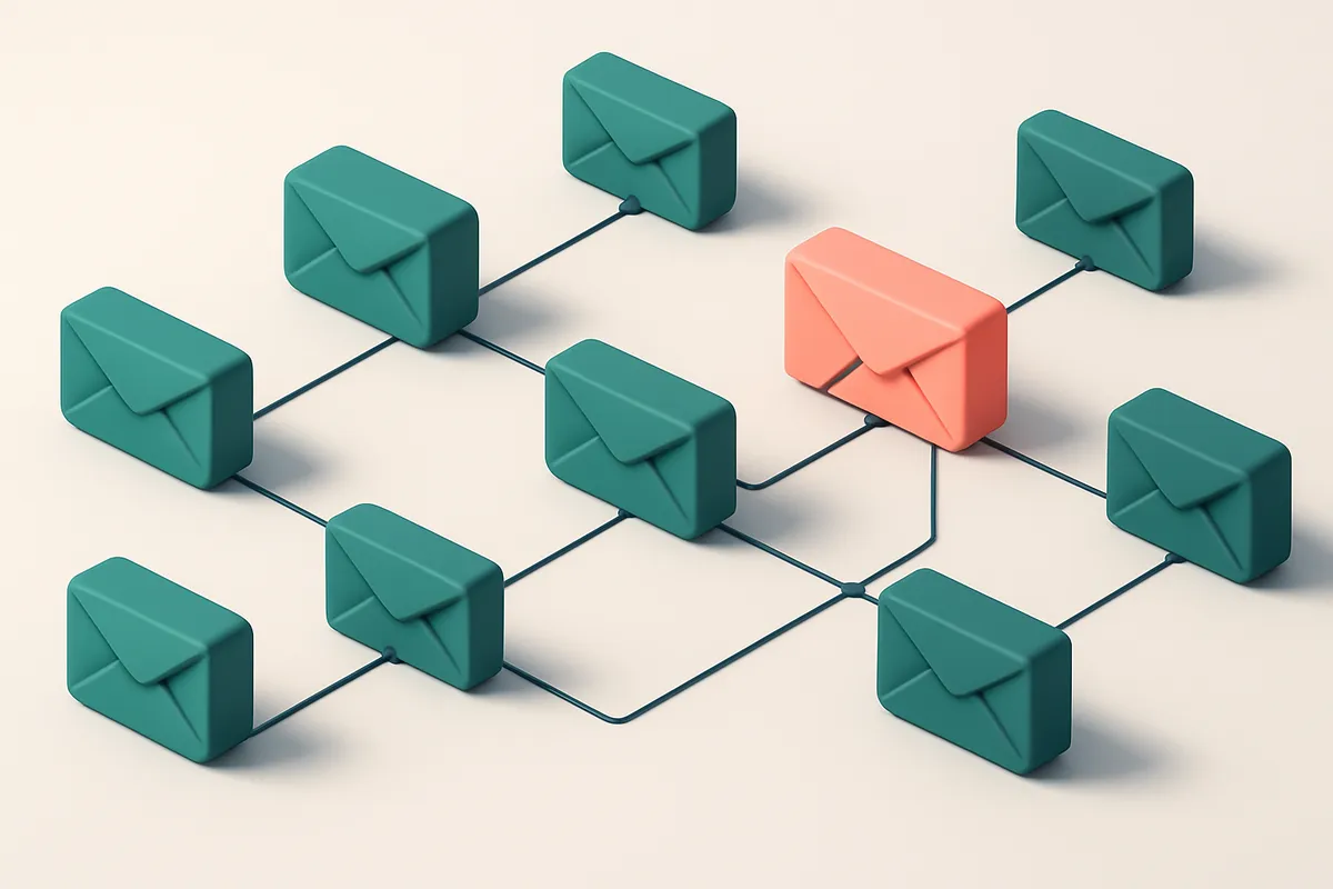 a grid of envelope icons connected by small lines to show domain connections and risk paths