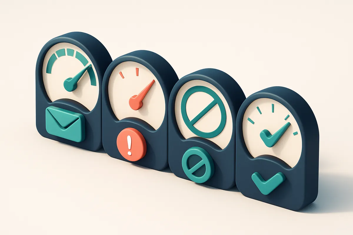 a row of four gauges showing inbox, spam, blocked, and delivered statuses