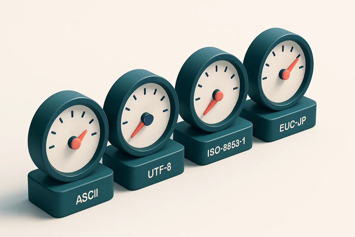 a row of four gauges, each labeled with a different character set (ASCII, UTF-8, ISO-8859-1, EUC-JP)