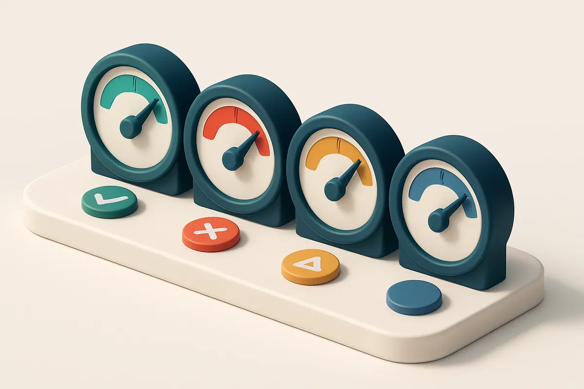 a row of four gauges showing verification status: green (valid), red (invalid), yellow (risky), and blue (catch-all)