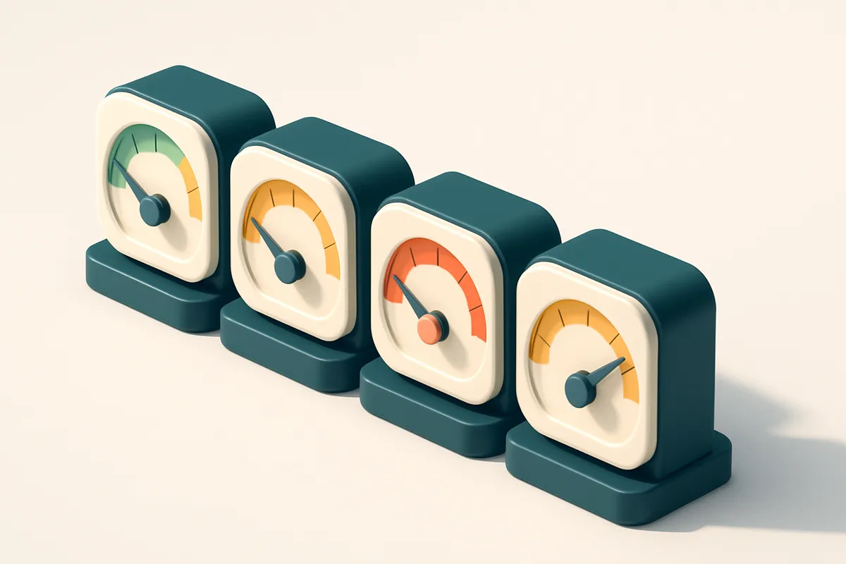 a row of four gauges with labels: SPF (green), DKIM (yellow), DMARC (red), Reputation (amber)