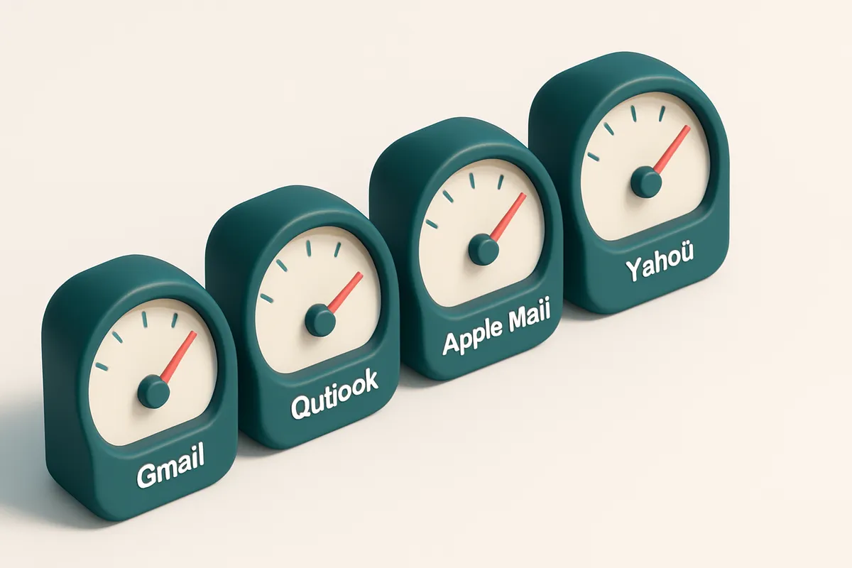 a row of four gauges, each labeled with a different email service: Gmail, Outlook, Apple Mail, and Yahoo