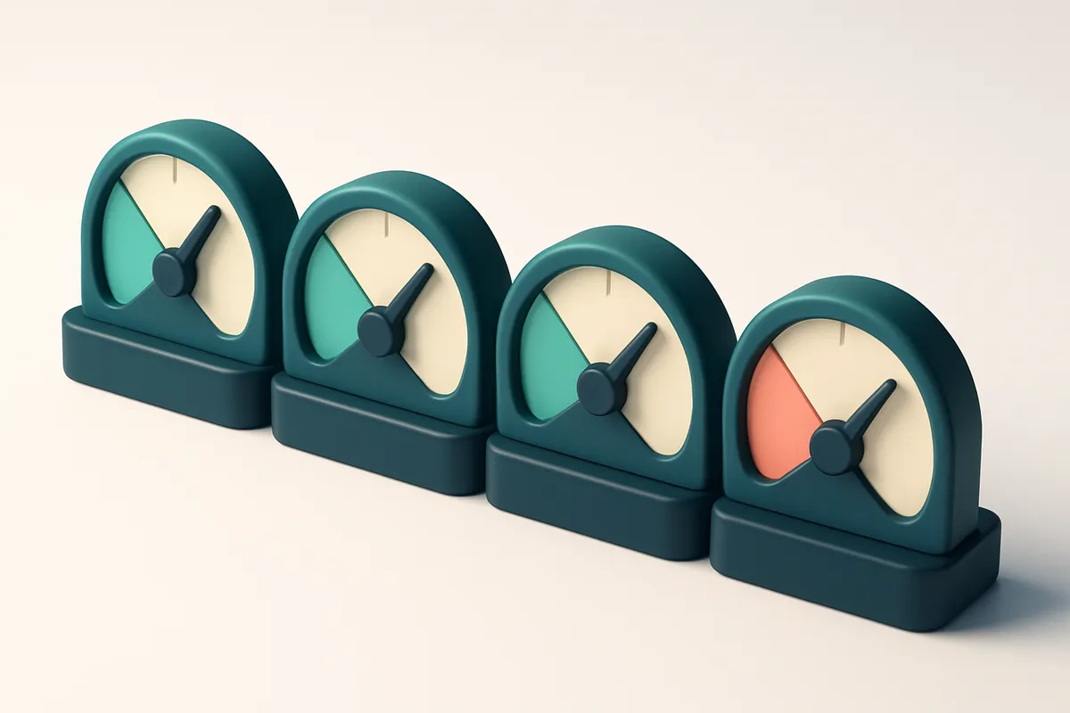 a row of four gauges showing low, medium, high, and critical risk levels