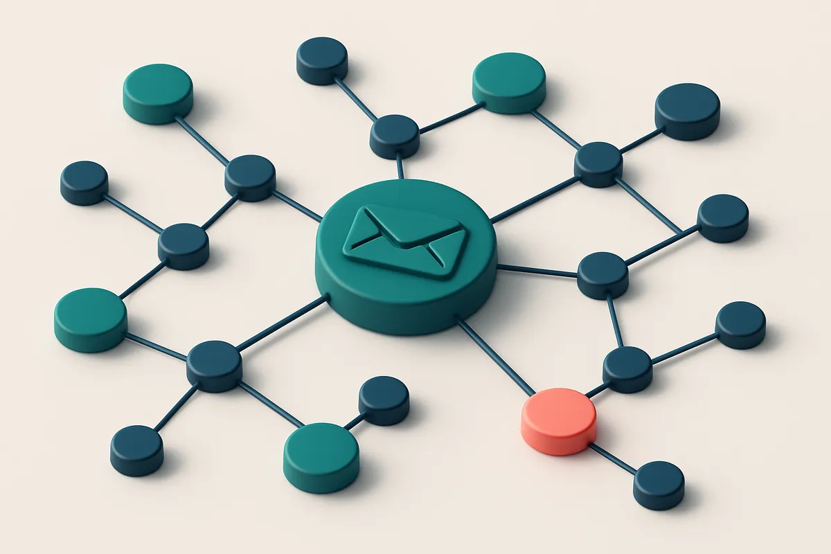 A network of small circular nodes connected by lines, representing email servers and signature chains