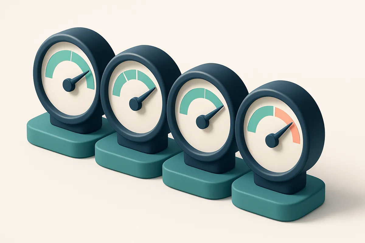 a row of four gauges, each showing a different metric: delivery rate, spam score, bounce rate, and engagement