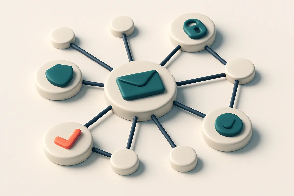 A network of small circular nodes connected by lines, each labeled with a different email-related symbol (envelope, shie
