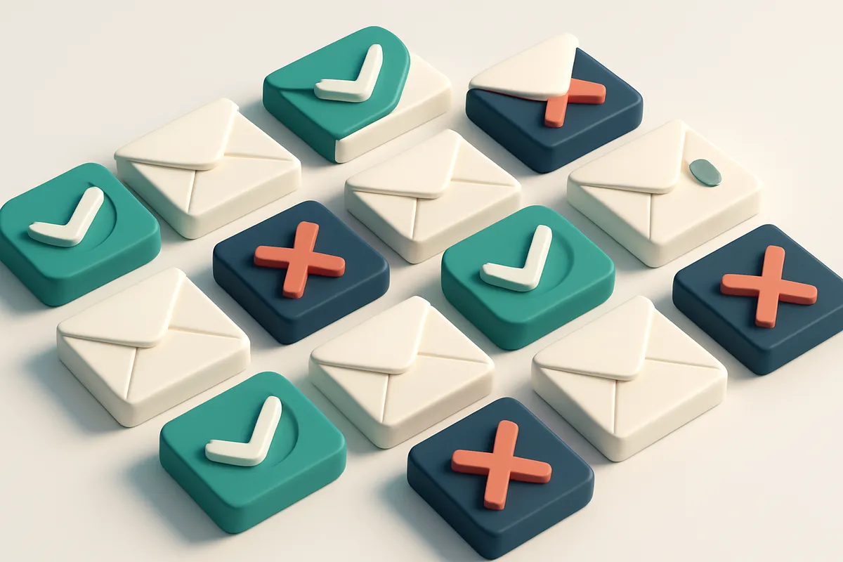 a grid of envelope icons with checkmarks and red Xs in alternating positions