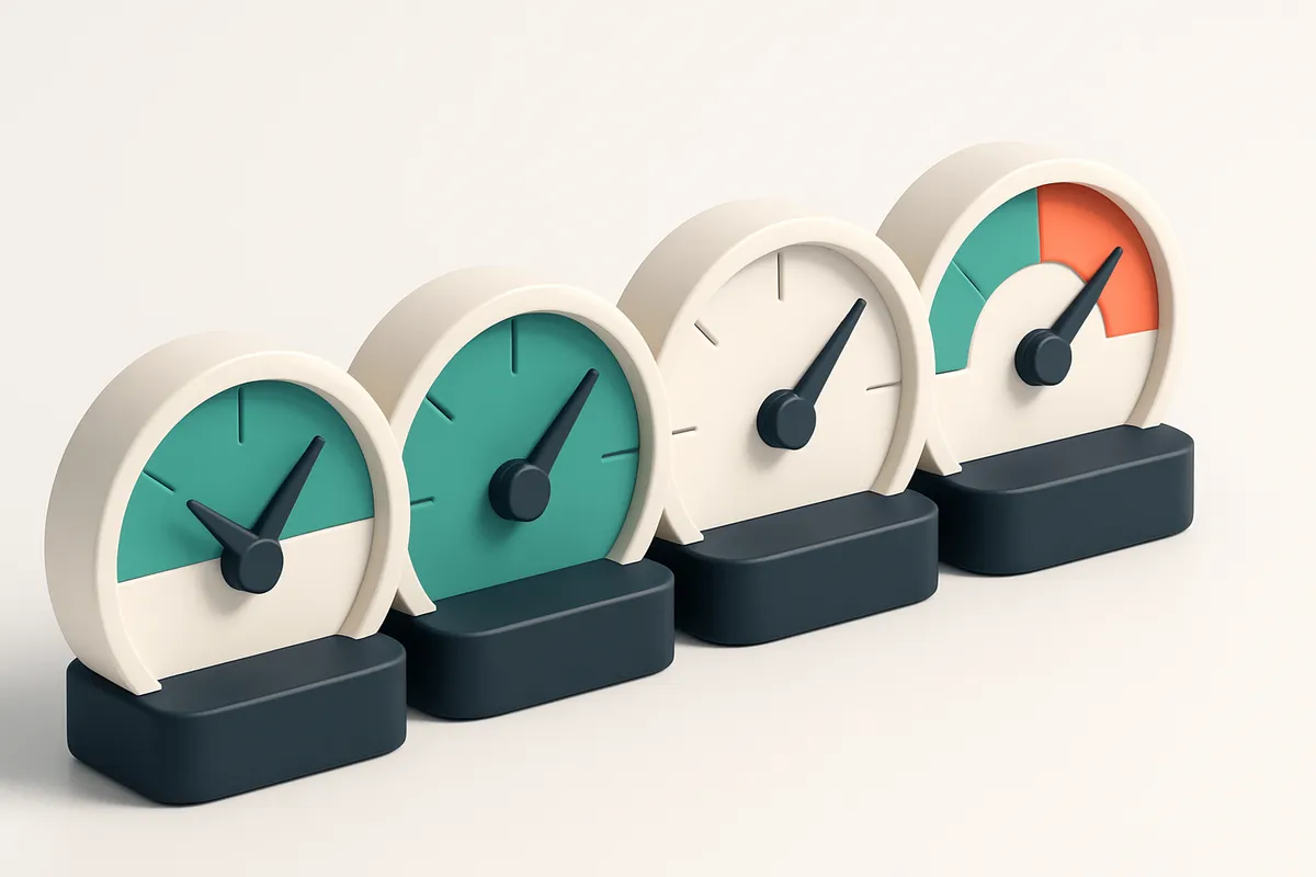 a row of four gauges with varying needle positions, showing different delivery status levels