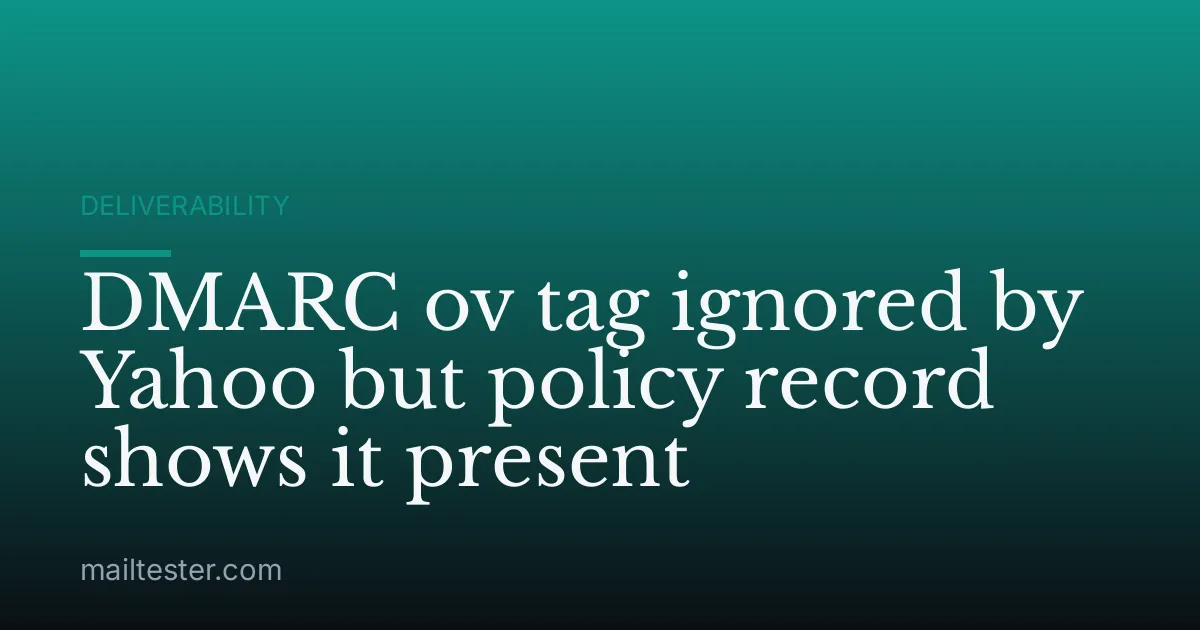 DMARC ov tag ignored by Yahoo but policy record shows it present