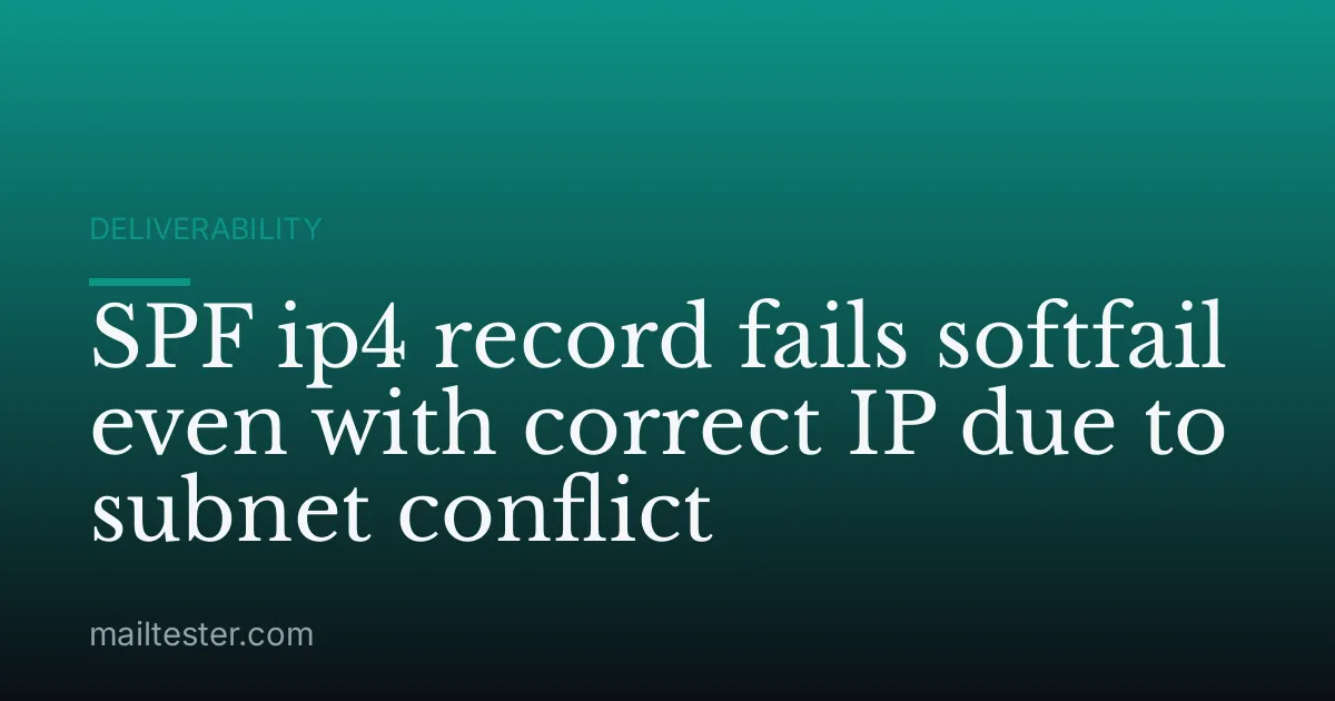 SPF ip4 record fails softfail even with correct IP due to subnet conflict