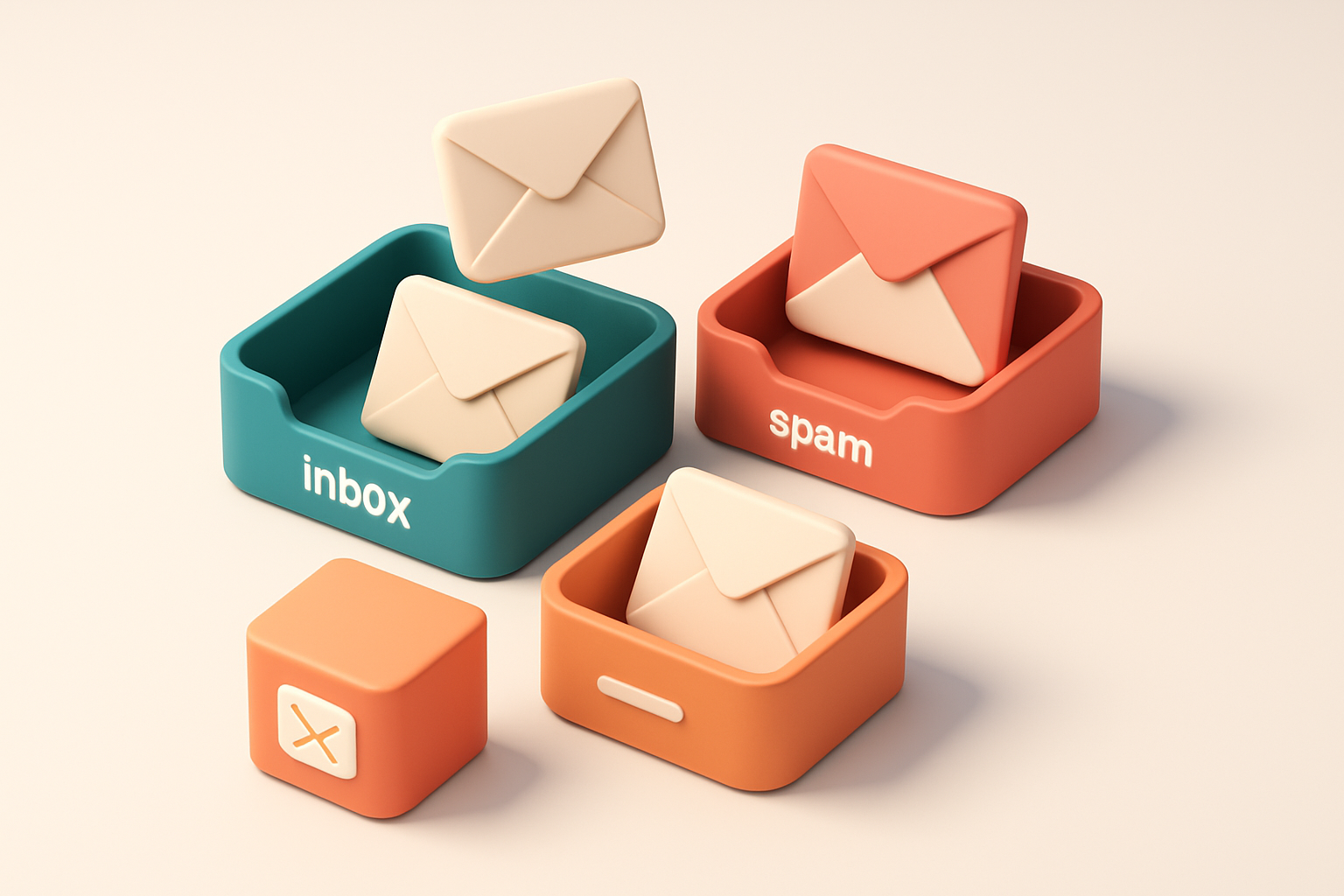 An isometric inbox with envelopes being sorted—green 'inbox' tray, red 'spam' tray, orange 'blocked' tray, and a small r